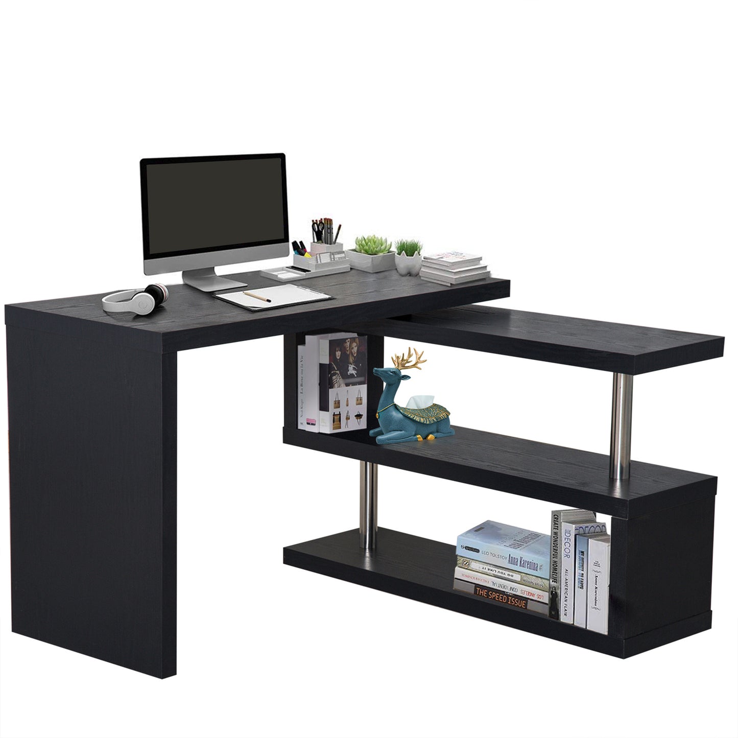 Photo of HOMCOM L Shaped Desk with 360° Rotating Storage Shelves, Corner Computer Desk, Space Saving Study Table for Home Office, Black in Black colour on a white background