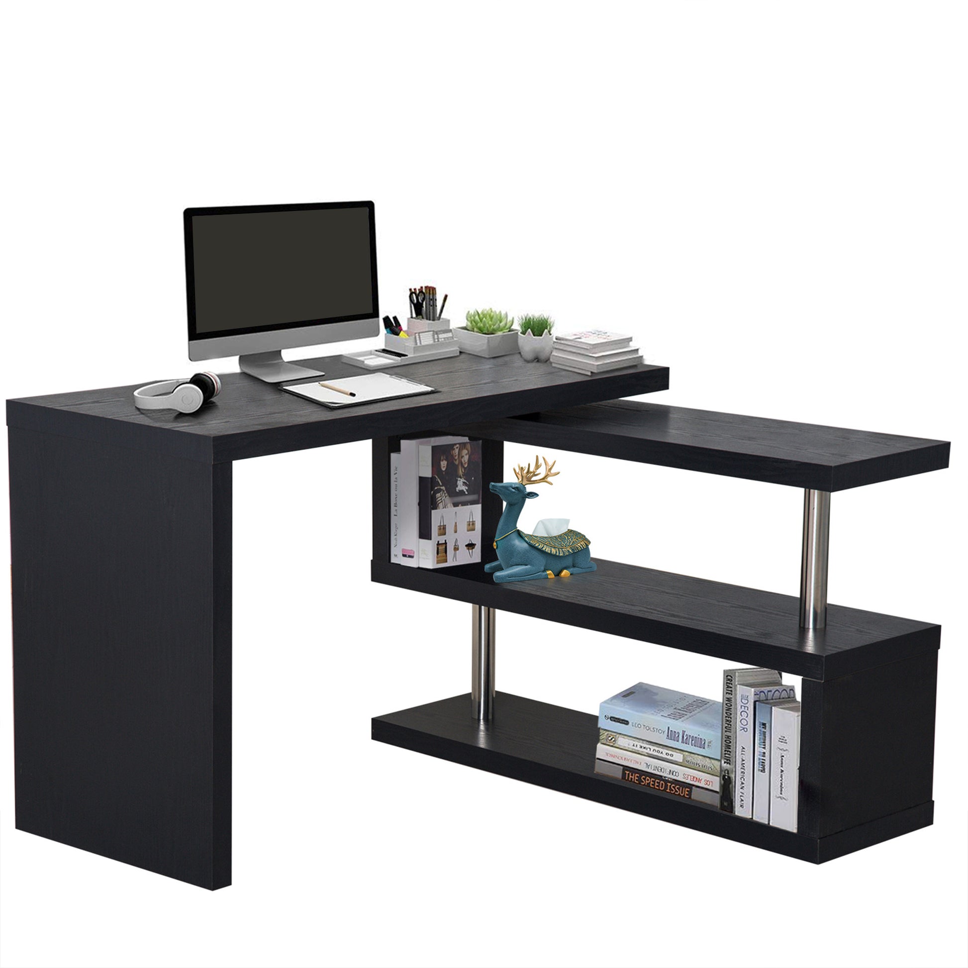 Photo of HOMCOM L Shaped Desk with 360° Rotating Storage Shelves, Corner Computer Desk, Space Saving Study Table for Home Office, Black in Black colour on a white background
