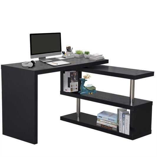Photo of HOMCOM L Shaped Desk with 360° Rotating Storage Shelves, Corner Computer Desk, Space Saving Study Table for Home Office, Black in Black colour on a white background