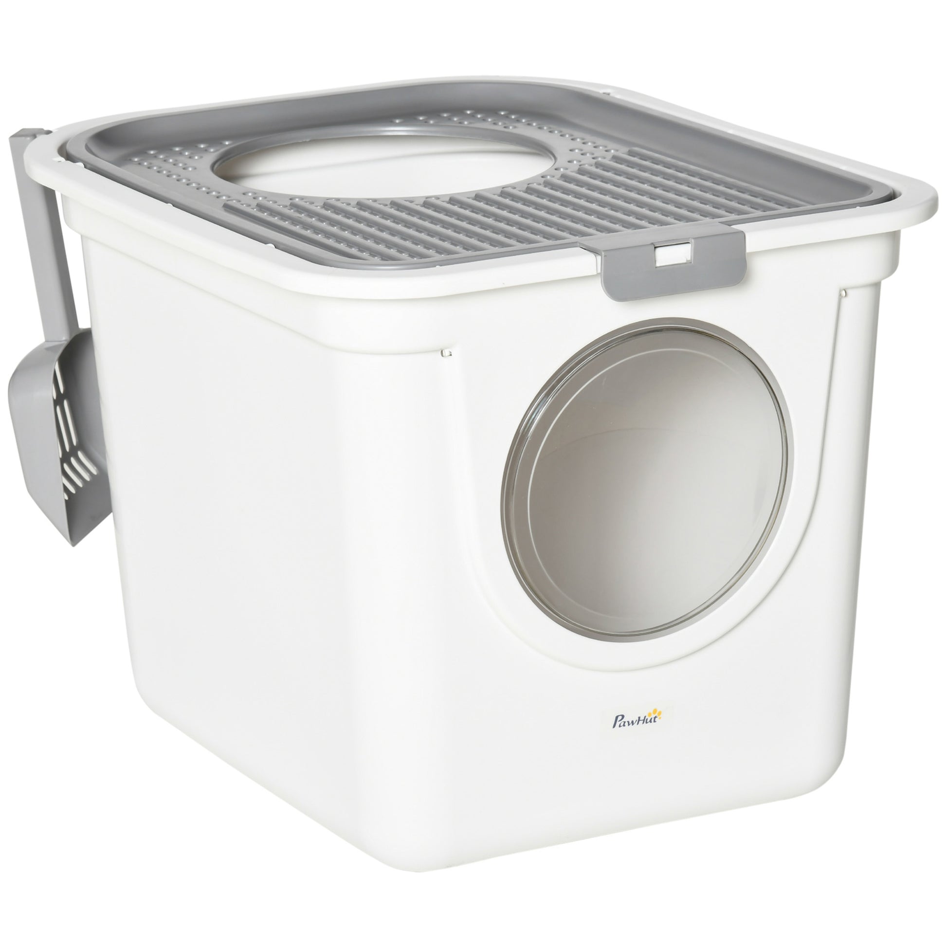 Photo of PawHut Cat Litter Box, Pet Toilet, Enclosed Kitten Pan with Front Entrance Top Exit, High Side, Scoop, White in White colour on a white background