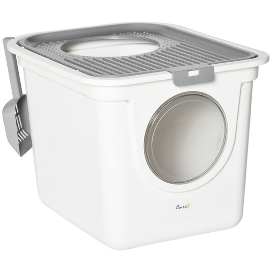 Photo of PawHut Cat Litter Box, Pet Toilet, Enclosed Kitten Pan with Front Entrance Top Exit, High Side, Scoop, White in White colour on a white background