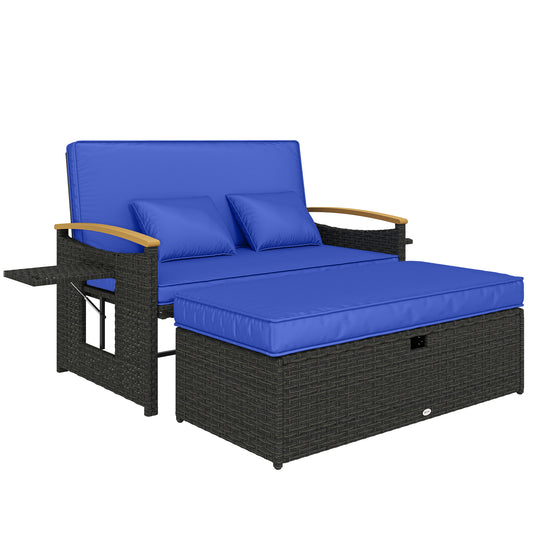 Photo of Outsunny Double Garden Rattan Daybed, Wicker Sun Bed Chaise Lounger with Storage Ottoman, 4-Level Adjustable Backrest, Brown in Brown colour on a white background