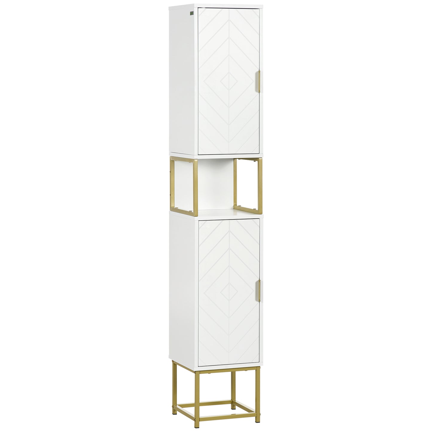 Photo of kleankin Narrow Bathroom Storage Cabinet, Freestanding Tallboy Storage Unit with Adjustable Shelf, 2 Doors and Steel Base, Slim Corner Organizer, White in White colour on a white background