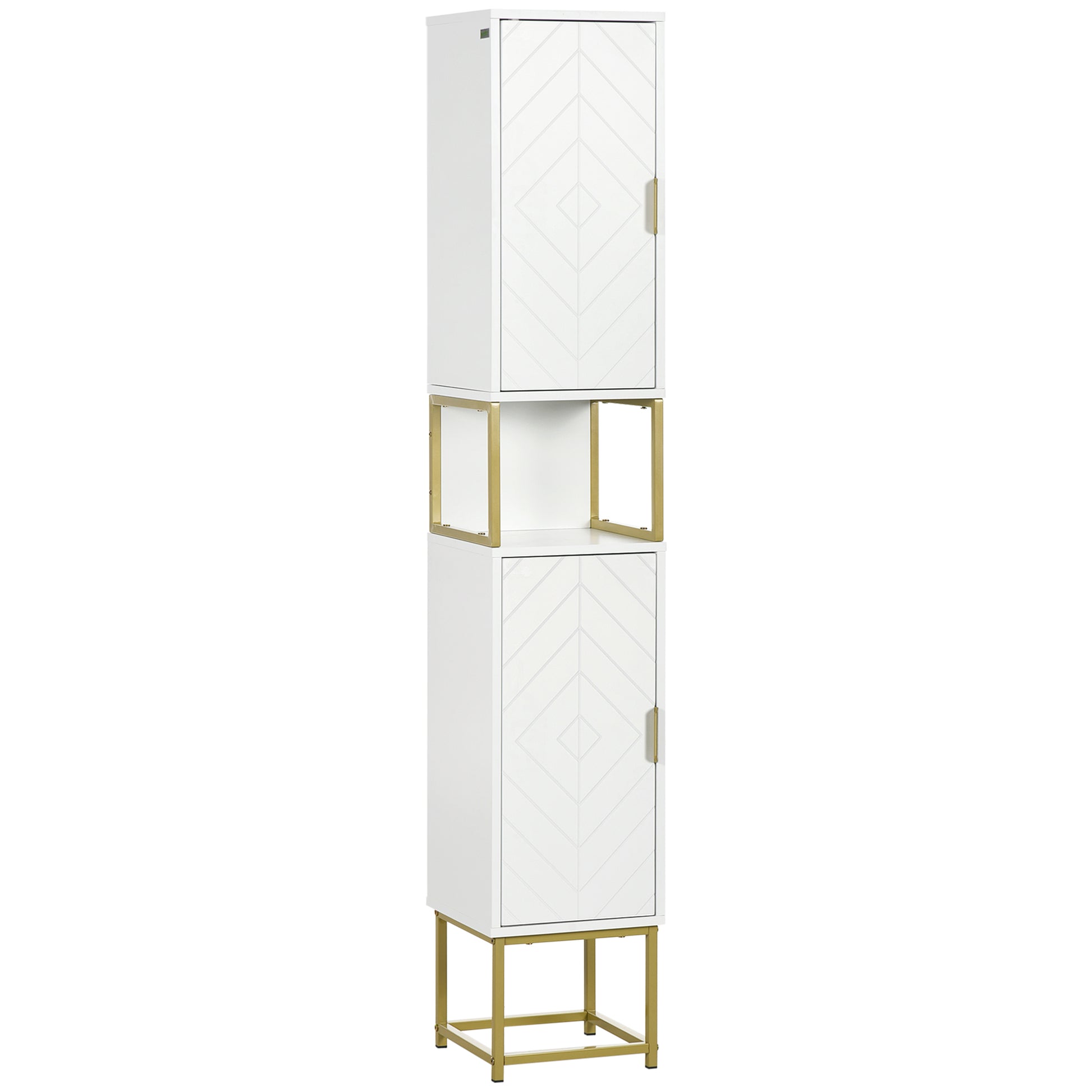 Photo of kleankin Narrow Bathroom Storage Cabinet, Freestanding Tallboy Storage Unit with Adjustable Shelf, 2 Doors and Steel Base, Slim Corner Organizer, White in White colour on a white background
