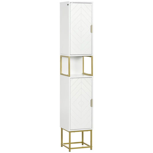 Photo of kleankin Narrow Bathroom Storage Cabinet, Freestanding Tallboy Storage Unit with Adjustable Shelf, 2 Doors and Steel Base, Slim Corner Organizer, White in White colour on a white background