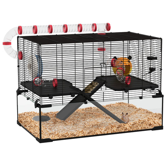 Photo of PawHut Gerbil Cage, Dwarf Hamster Cage, with Deep Glass Bottom, Tunnels, Ramps, Hut, Exercise Wheel, 78.5 x 48.5 x 57cm in 57cm colour on a white background