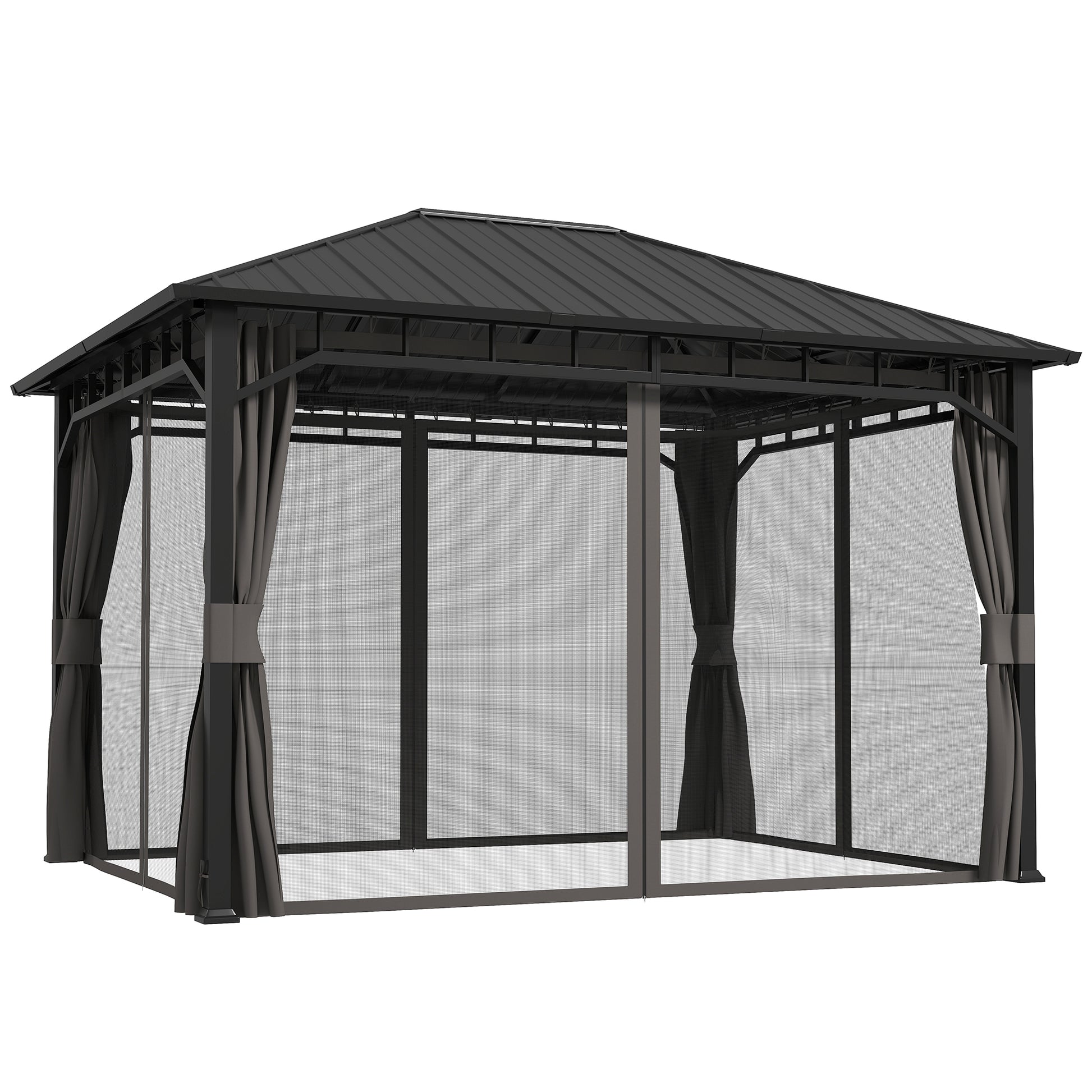 Photo of Outsunny 3 x 4m Hardtop Gazebo with Galvanised Steel Roof and Water Gutter, Waterproof Permanent Pavilion Garden Gazebo with Netting and Curtains for Patio, Deck in Deck colour on a white background