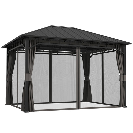 Photo of Outsunny 3 x 4m Hardtop Gazebo with Galvanised Steel Roof and Water Gutter, Waterproof Permanent Pavilion Garden Gazebo with Netting and Curtains for Patio, Deck in Deck colour on a white background