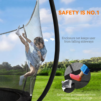 Trampoline enclosure net and spring cover detail showing side protection and padded spring area