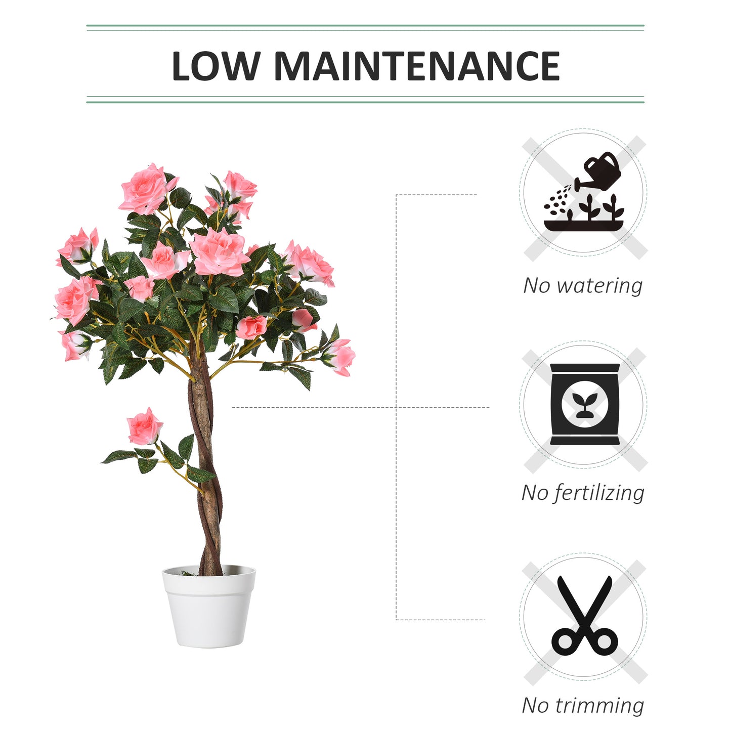 Outsunny Artificial Plants Pink Rose Floral in Pot, Fake Plants for Home Indoor Decor, 90cm