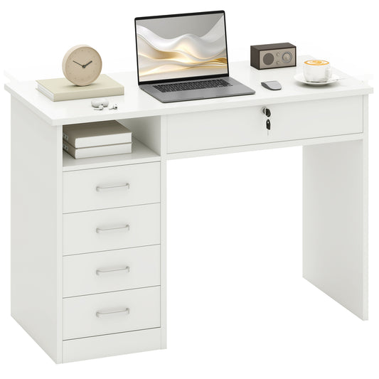 Photo of HOMCOM Computer Desk, Home Office Desk with Lockable Drawer, Storage Shelf for Study Bedroom, 110 x 50 x 76 cm, White in White colour on a white background