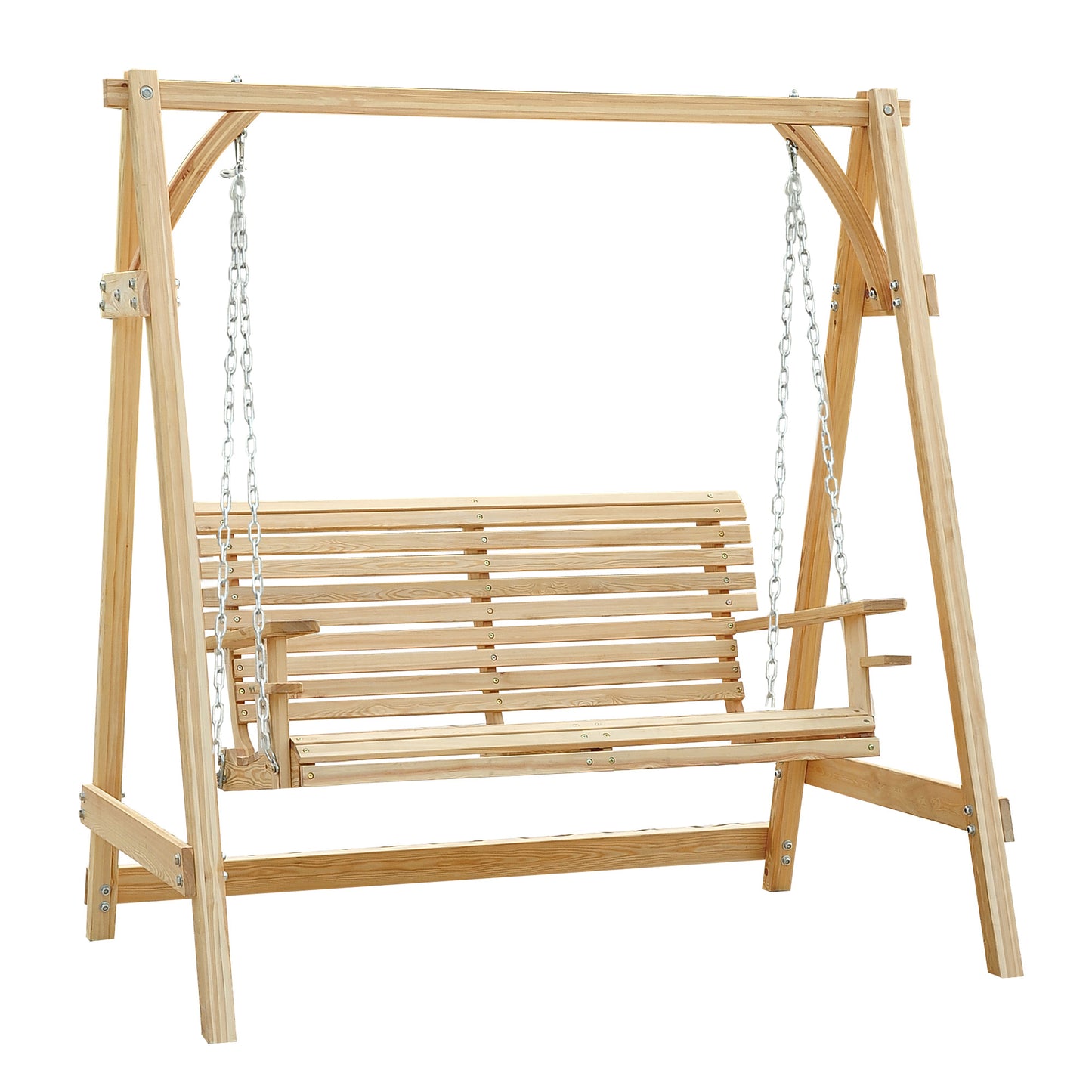 Photo of Outsunny 2 Seater Garden Swing Seat, Wooden Swing Chair Bench with Cup Holders for Outdoor Porch Patio, Natural in Natural colour on a white background