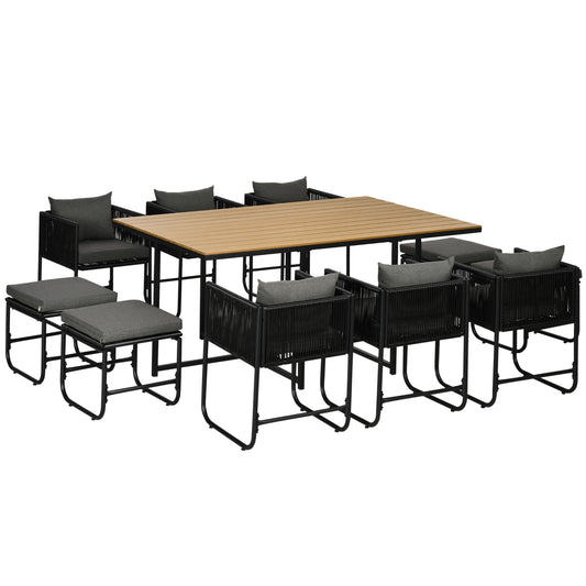 Photo of Outsunny 10 Seater Rattan Cube Garden Furniture Set, Rattan Dining Set with Cushions, Outdoor Dining Table and Chairs with 6 Armchairs, 4 Stools, Rectangular Wood Grain Plastic Top Table, Black in Black colour on a white background