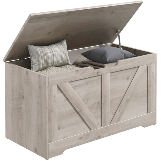 Photo of HOMCOM 100L Home Storage Box, with Safety Hinge - Grey Wood-Effect in Wood-Effect colour on a white background