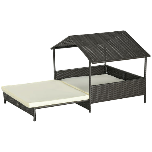 Photo of PawHut Extendable Elevated Dog Bed, Rattan Dog House, with Water-Resistant Roof, Removable Cushion, Cream in Cream colour on a white background