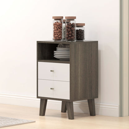 HOMCOM bedside table with dark wood finish, open shelf, two white drawers and tapered legs