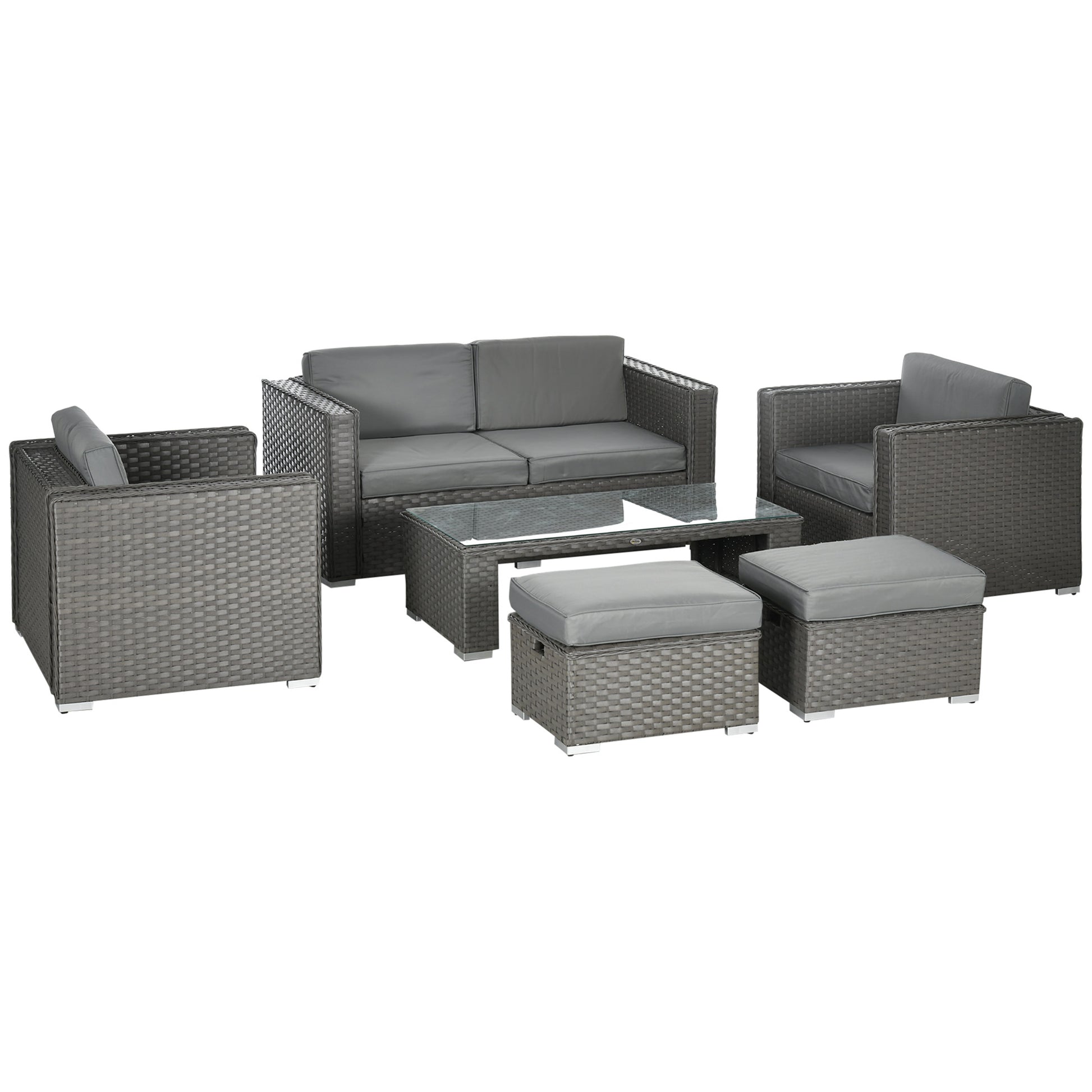Photo of Outsunny 6PC Garden Rattan Sofa Set Bonzer Outdoor Furniture Patio Table Loveseat Stool Lounging Ottoman Aluminium Frame Wicker Weave Conservatory Grey in Grey colour on a white background