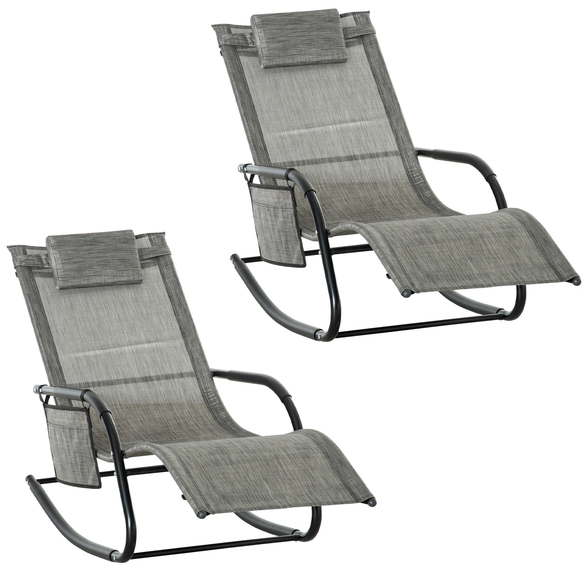 Photo of Outsunny 2PCs Outdoor Garden Rocking Chair, Patio Sun Lounger Rocker Chair with Breathable Mesh Fabric, Removable Headrest Pillow, Armrest, Side Storage Bag, Dark Grey in Grey colour on a white background