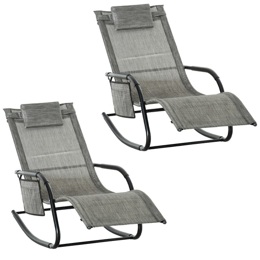 Photo of Outsunny 2PCs Outdoor Garden Rocking Chair, Patio Sun Lounger Rocker Chair with Breathable Mesh Fabric, Removable Headrest Pillow, Armrest, Side Storage Bag, Dark Grey in Grey colour on a white background