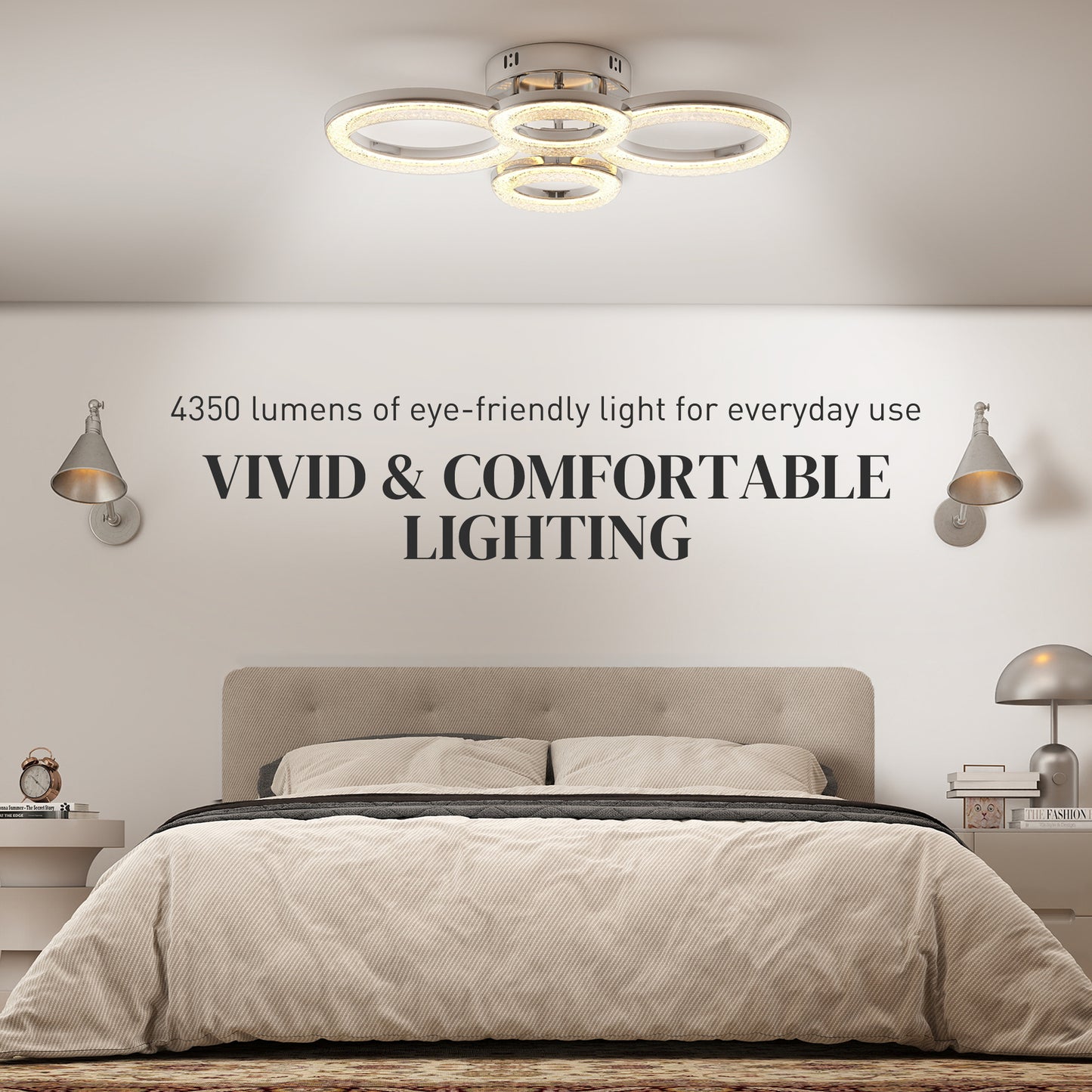 HOMCOM 4-Ring LED Ceiling Light, Flush Mount Ceiling Light with 3 Colour Temperatures, Silver Tone