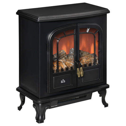 Photo of HOMCOM Electric Fireplace Stove Heater with LED Fire Flame Effect, Double Door, Freestanding & Portable with Overheat Protection, 1000W/2000W, Black in Black colour on a white background
