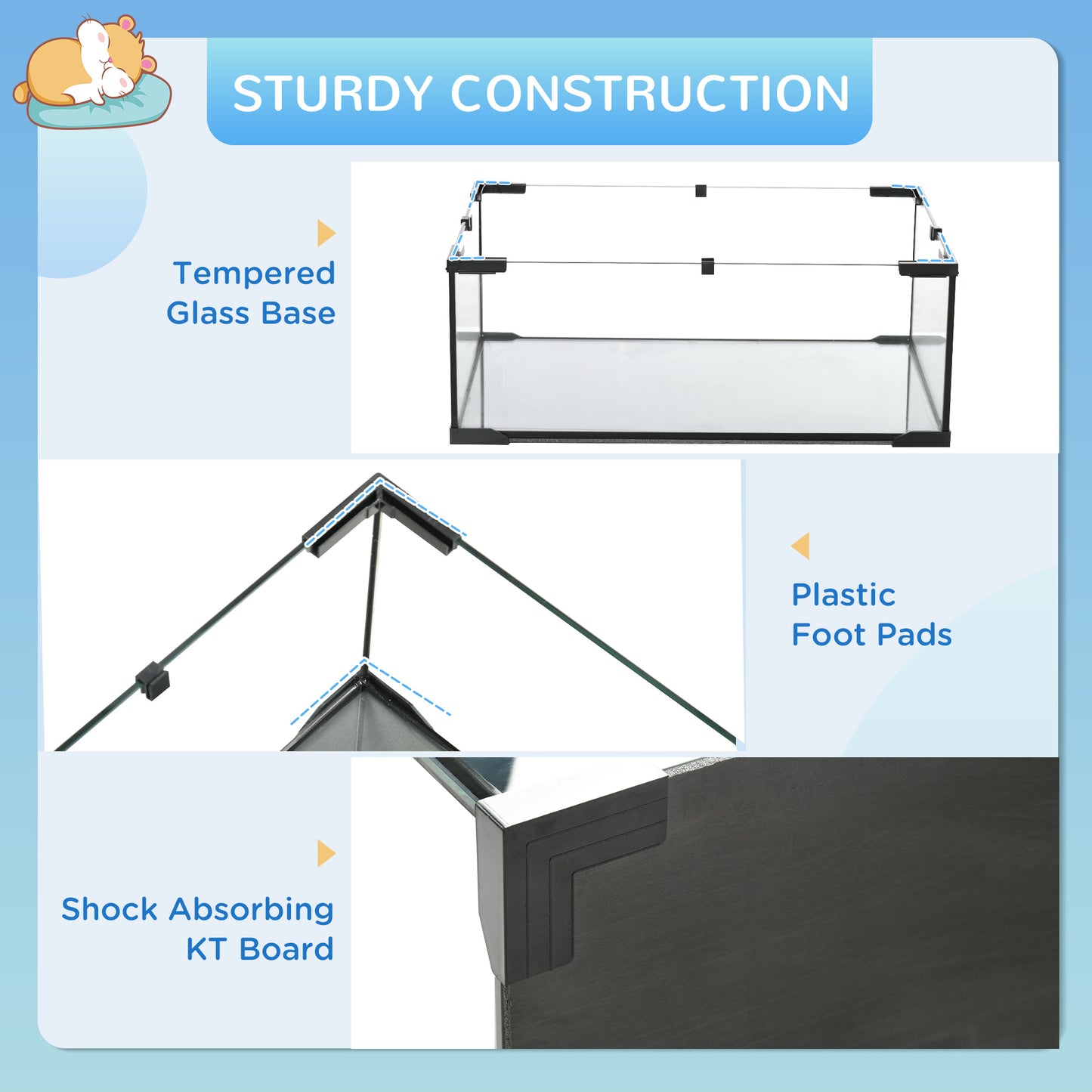PawHut 3 Tiers Hamster Cage, Gerbil Cage with Deep Glass Bottom, Non-Slip Ramps, Platforms, Hut, Exercise Wheels, Water Bottle, Dish, for Syrian Hamster, Dwarf Hamster, 60 x 40 x 54.5cm
