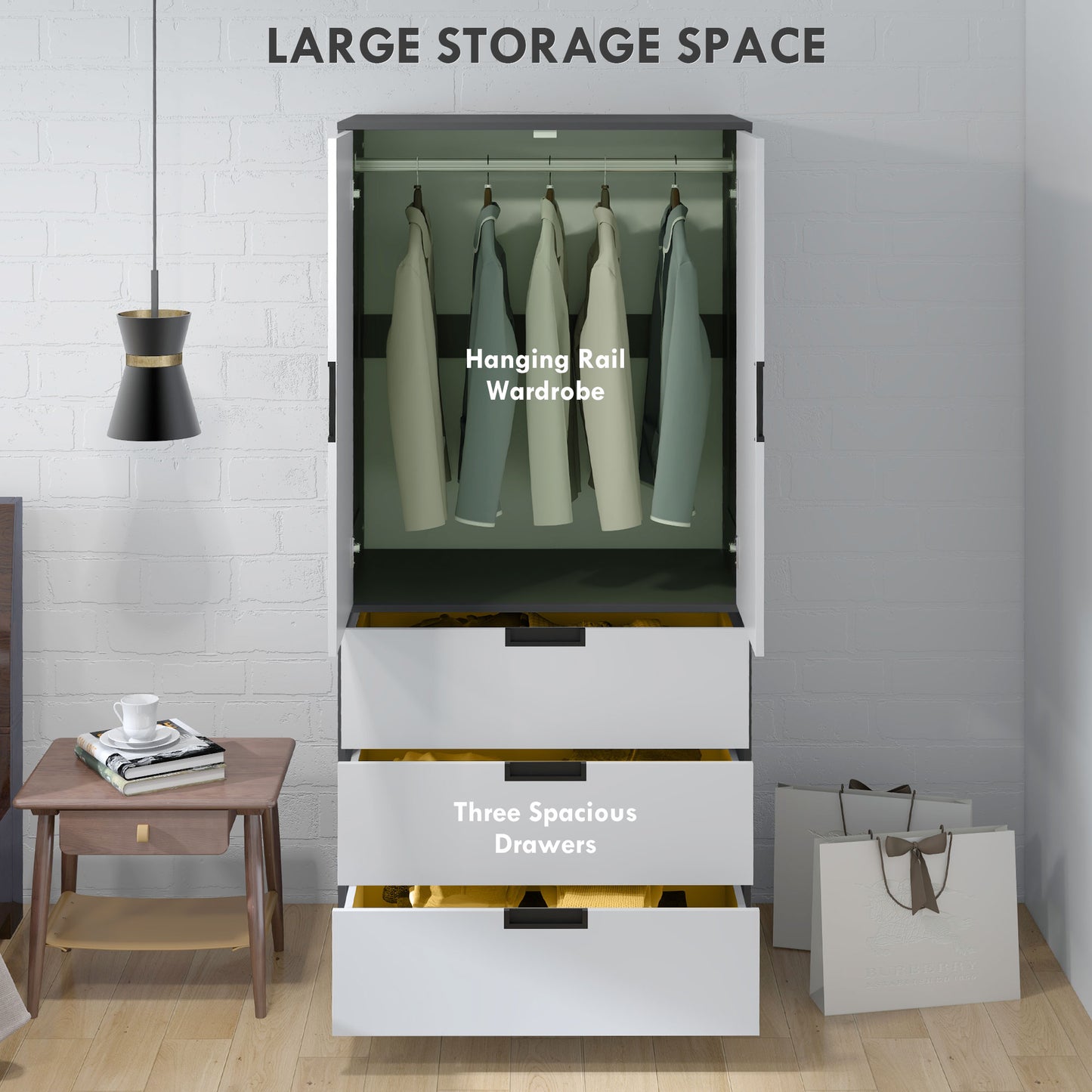 HOMCOM Modern Clothes Storage Cupboard Unit, 3 Drawer 2 Door Wardrobe with Hanging Rod, Grey