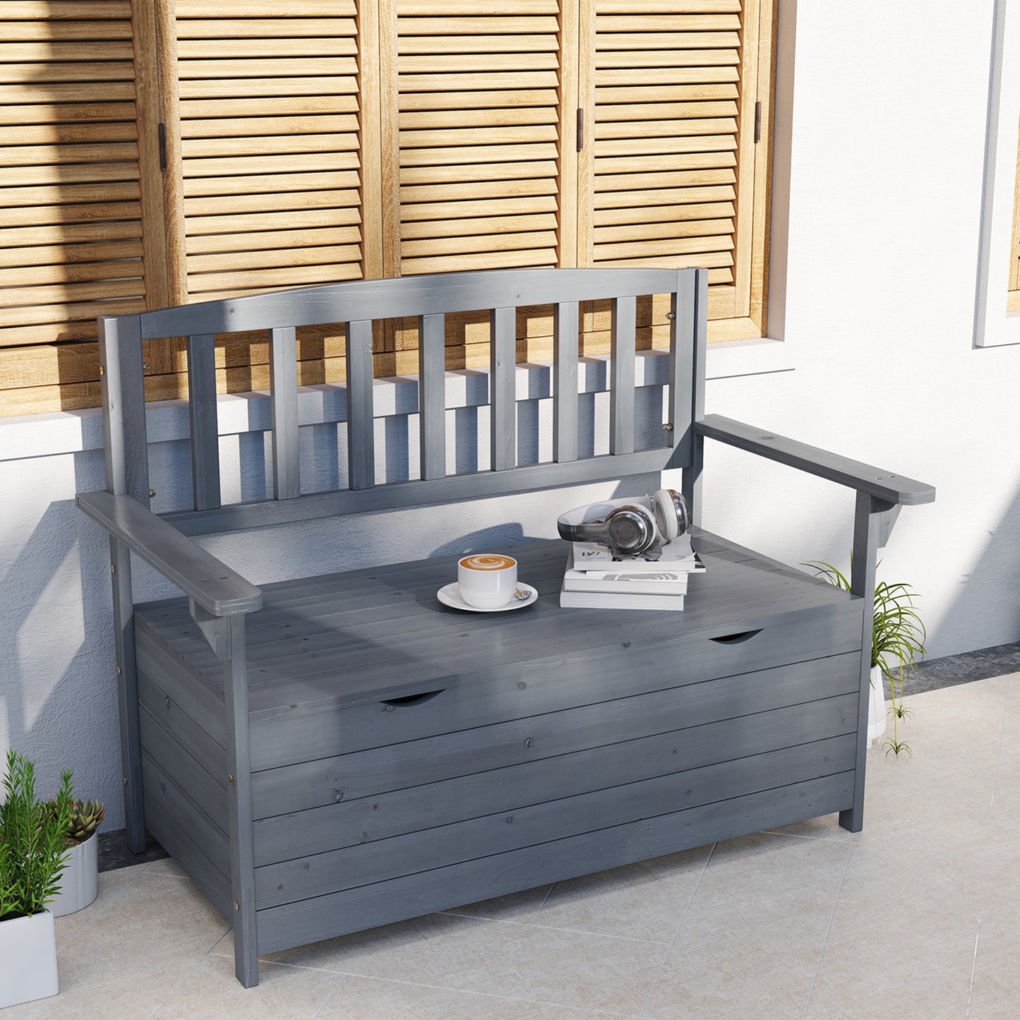 Outsunny Outdoor 2 Seater Garden Bench, Wooden Bench with Storage, Backrest, Arm Rests, 112 x 84 x 58 cm, Grey