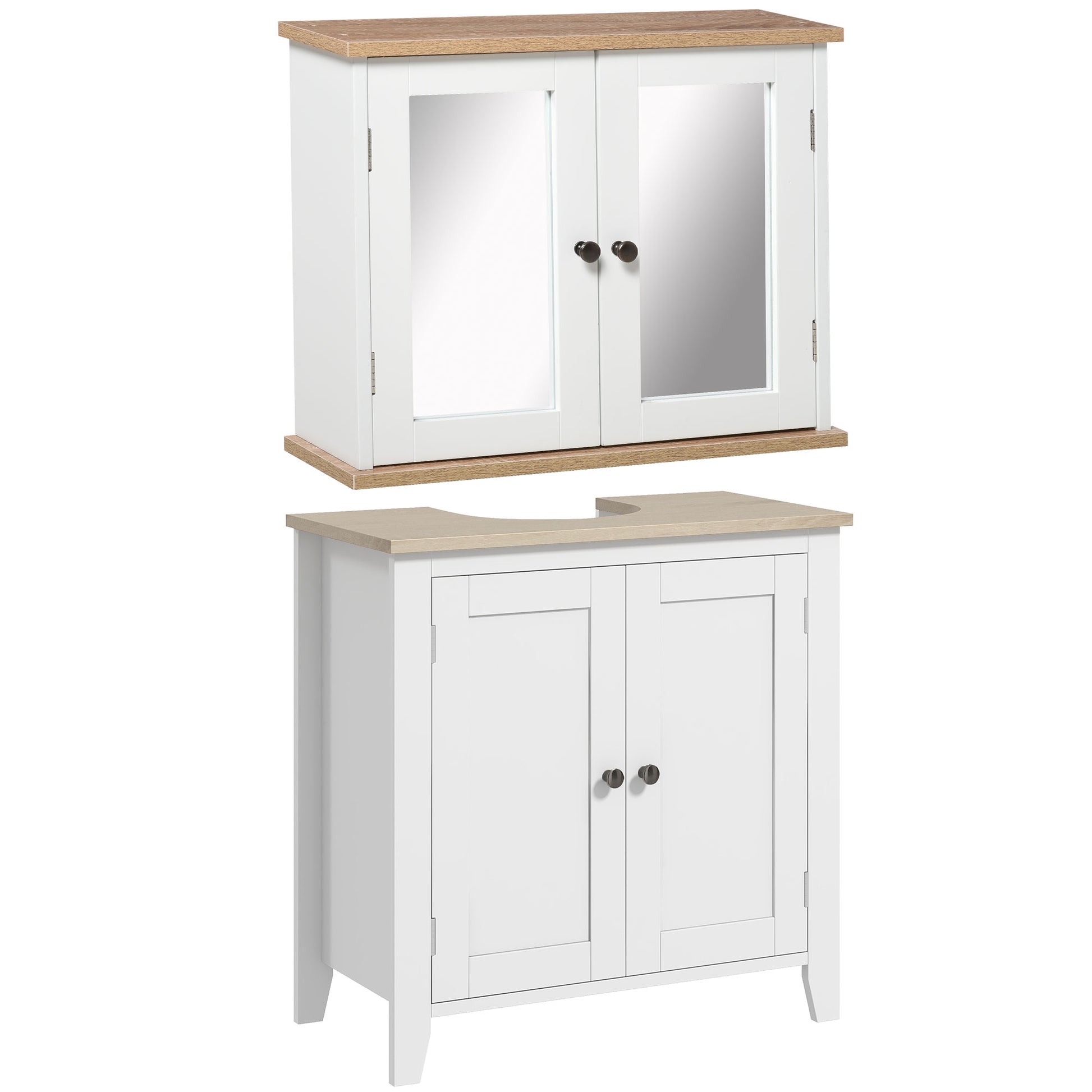 Photo of kleankin Bathroom Furniture Set, Mirror Cabinet Wall Mounted with Adjustable Shelf, Bathroom Sink Cabinet with Storage, White and Wood Grain in Grain colour on a white background