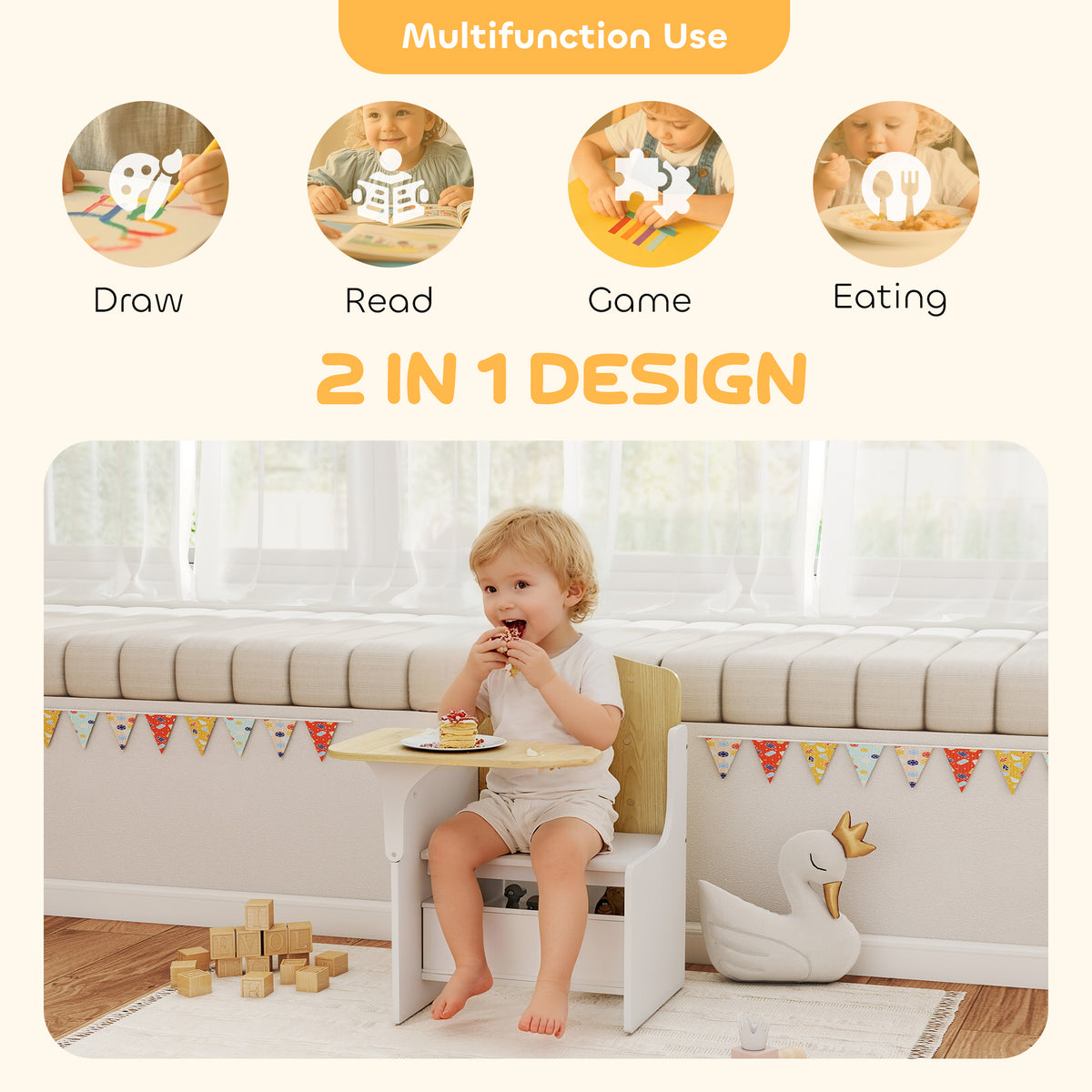 AIYAPLAY Kids Table and Chair Set, Children Desk and Chair with Storage Bins for Playing, Reading, Painting, for Ages 3-5, White