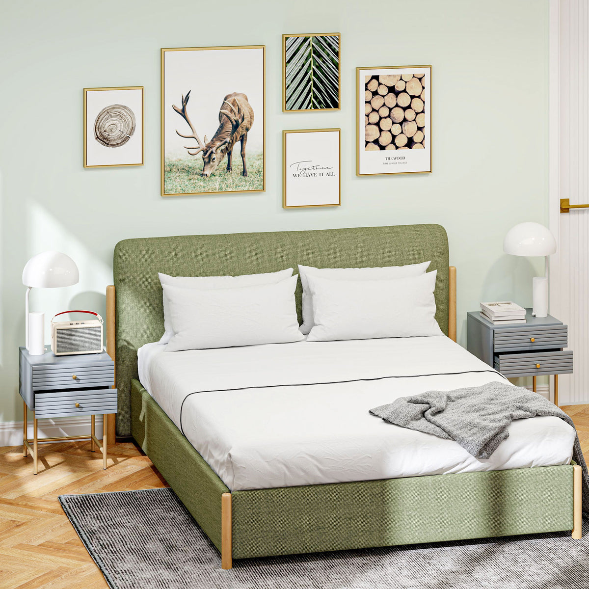 Pair of grey HOMCOM bedside tables with ribbed drawers and gold-tone legs beside a bed