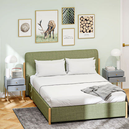 Pair of grey HOMCOM bedside tables with ribbed drawers and gold-tone legs beside a bed