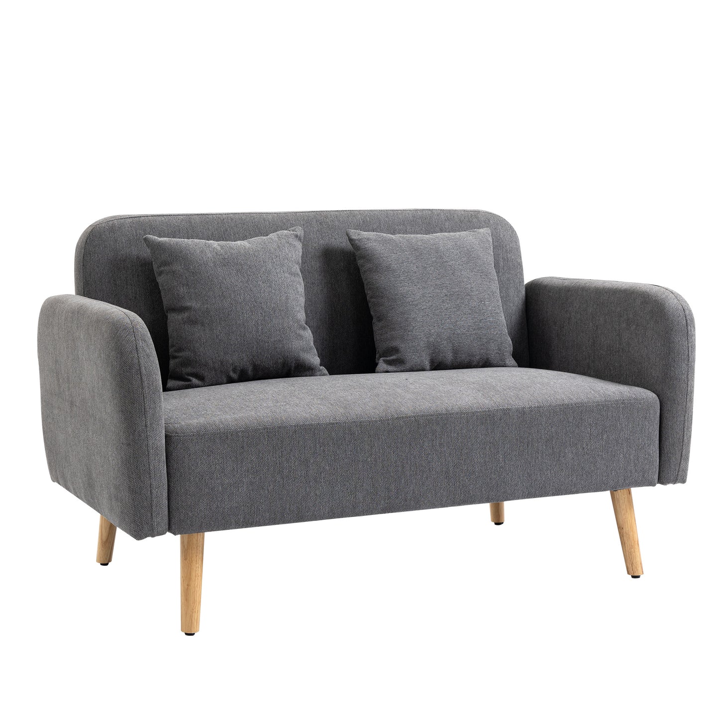 Photo of HOMCOM 2 Seater Sofa, Modern Fabric Loveseat Sofa, Small Couch with 2 Pillows, Armrest and Wood Legs for Living Room, Bedroom, Home Office, Grey in Grey colour on a white background