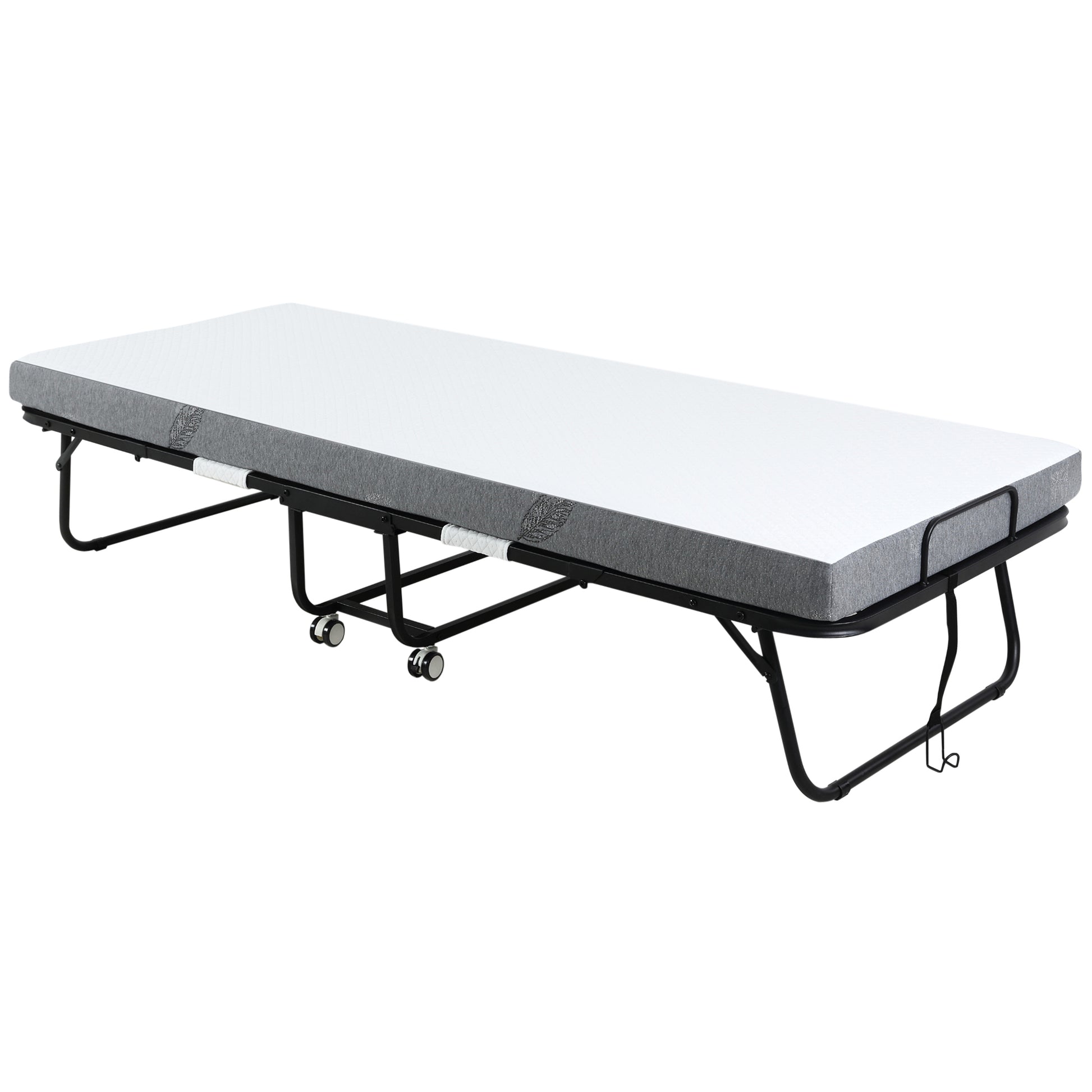 Photo of HOMCOM Folding Bed with 10cm Mattress, Portable Foldable Guest Bed with Sturdy Metal Frame on Wheels in Wheels colour on a white background