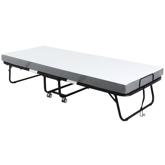 Photo of HOMCOM Folding Bed with 10cm Mattress, Portable Foldable Guest Bed with Sturdy Metal Frame on Wheels in Wheels colour on a white background