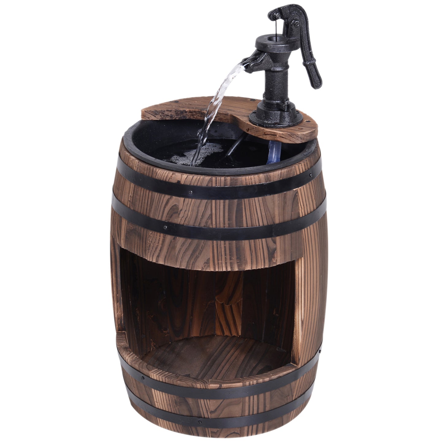 Photo of Outsunny Wood Barrel Patio Water Fountain Electric Pump Garden Decorative Ornament with Flower Planter Decor in Decor colour on a white background