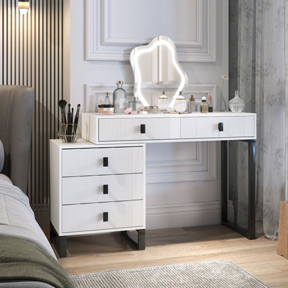 White five-drawer vanity desk with a glowing leaf-shaped mirror and black metal legs.