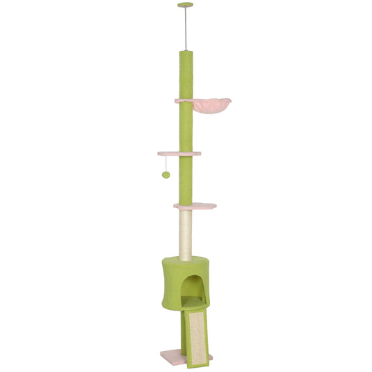 Photo of PawHut 220-240 cm Floor to Ceiling Cat Tree Adjustable Height with Hammock, Condo, Scratching Posts, Green in Green colour on a white background