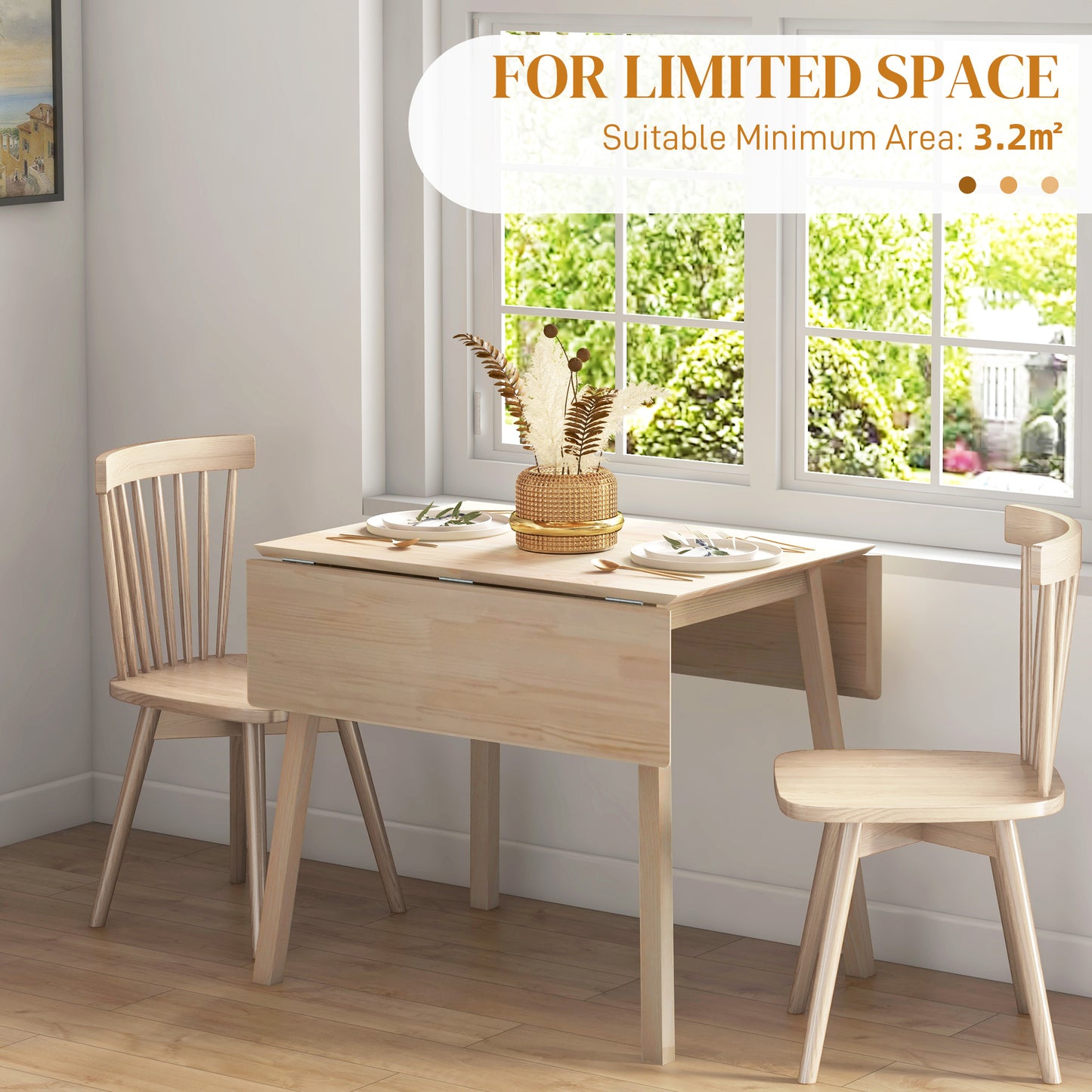 HOMCOM Solid Wood Folding Dining Table, Drop Leaf Table for 2-4 People, Natural Wood Finish