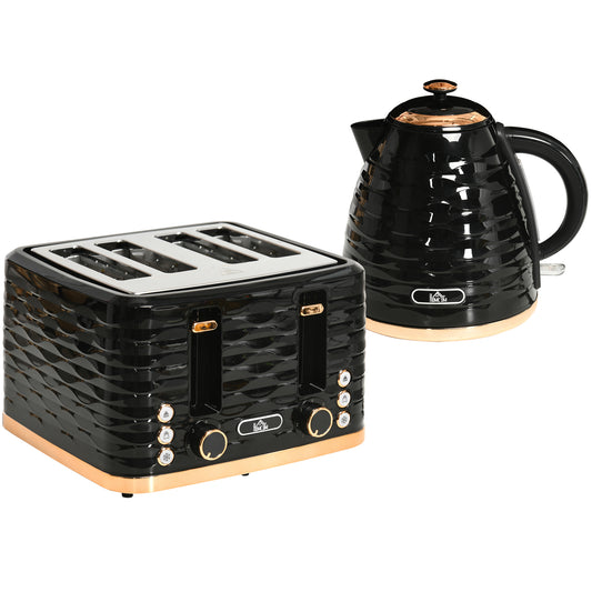 Photo of HOMCOM Kettle and Toaster Sets, 3000W 1.7L Rapid Boil Kettle & 4 Slice Toaster with 7 Browning Controls, Defrost, Reheat and Crumb Tray, UK Otter thermostat, Black in Black colour on a white background