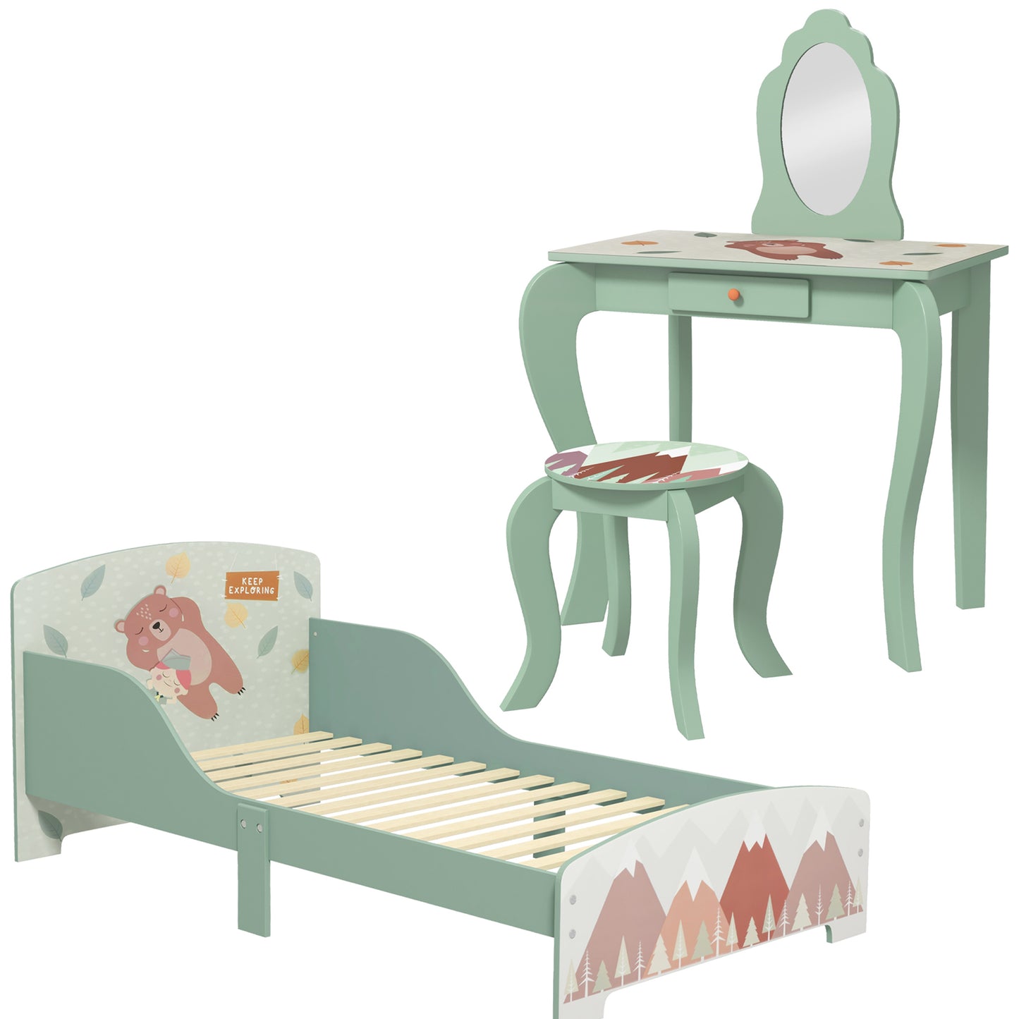 Photo of ZONEKIZ Toddler Bed Frame, Kids Dressing Table with Mirror and Stool, Cute Animal Design Kids Bedroom Furniture Set for Ages 3-6 Years, Green in Green colour on a white background