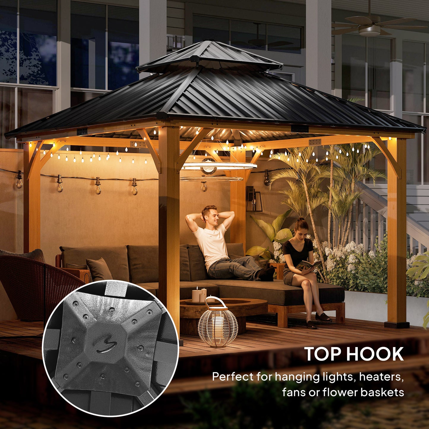 Outsunny 3.5 x 3.5m Outdoor Hardtop Gazebo Canopy with Two-tier Metal Roof, Black