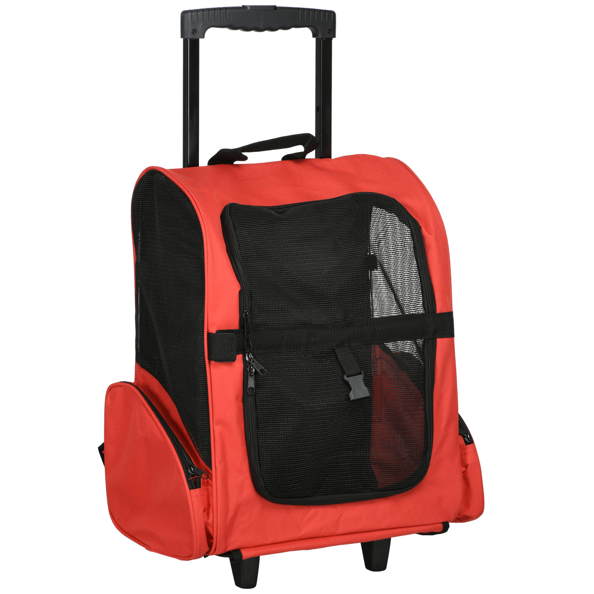 Photo of PawHut 2 in 1 Dog Backpack and Trolley, Pet Travel Backpack Cat Dog Carrier with Telescopic Handle, Portable Pet Stroller Wheel Luggage Bag (Red) in (Red) colour on a white background