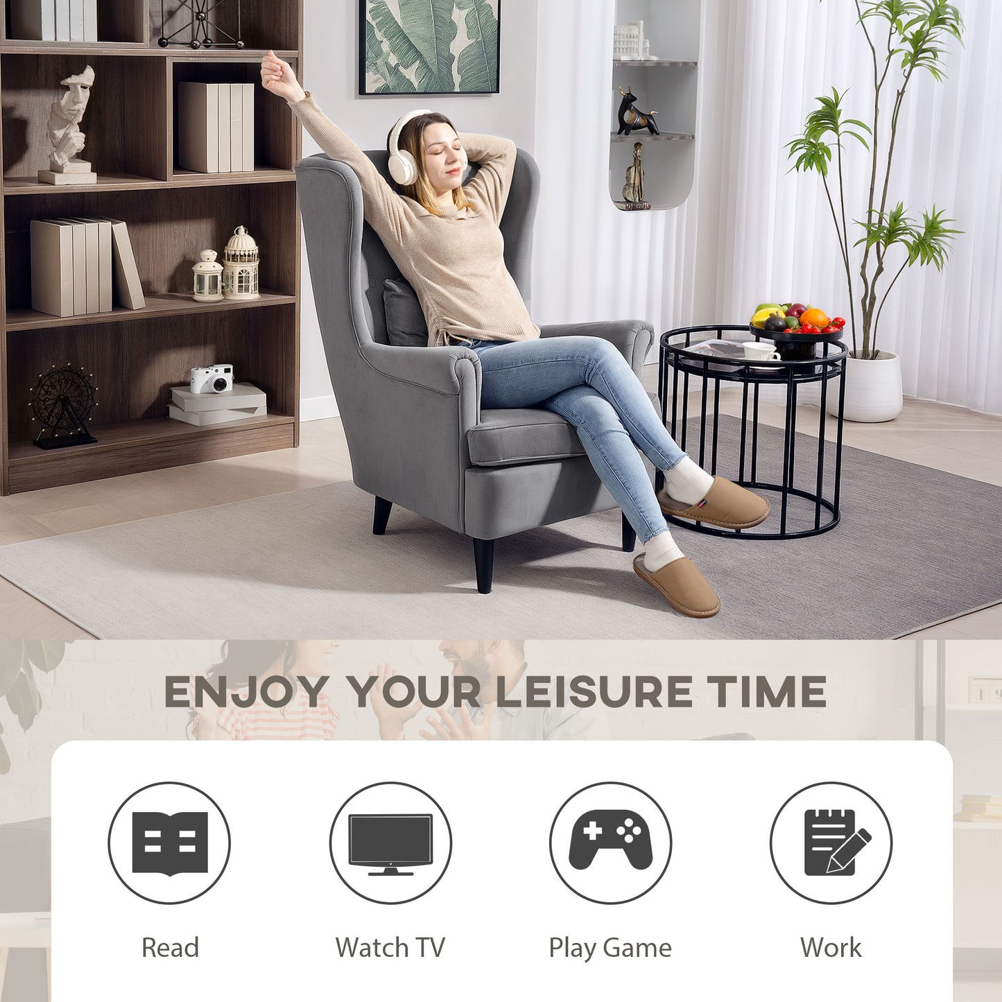 HOMCOM Modern Accent Chair with High Backrest and Pillow, Velvet-Feel Fabric Reading Chair with Solid Wood Legs, Grey