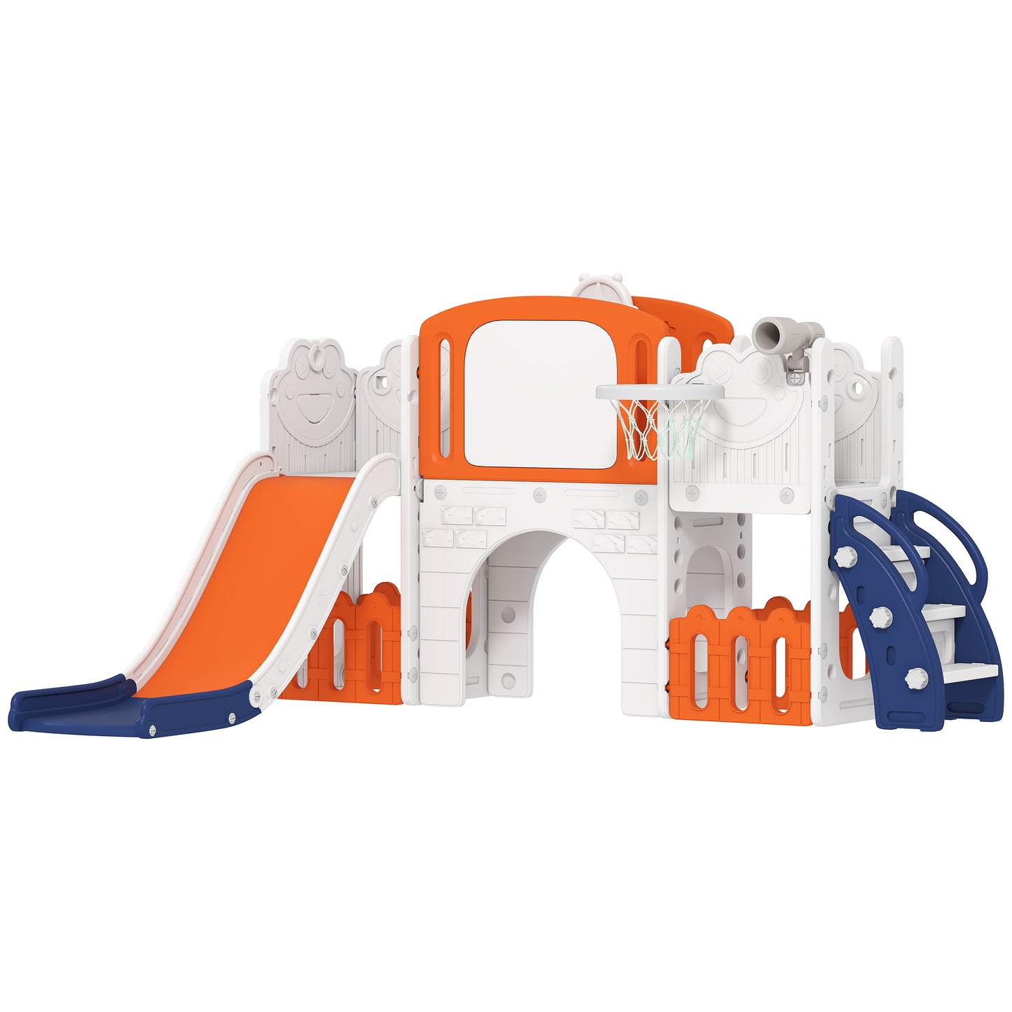Photo of AIYAPLAY 7 in 1 Toddler Slide Set with Basketball Hoop, Climbing Frame, Telescope, Drawing Board, Storage Box, Orange in Orange colour on a white background