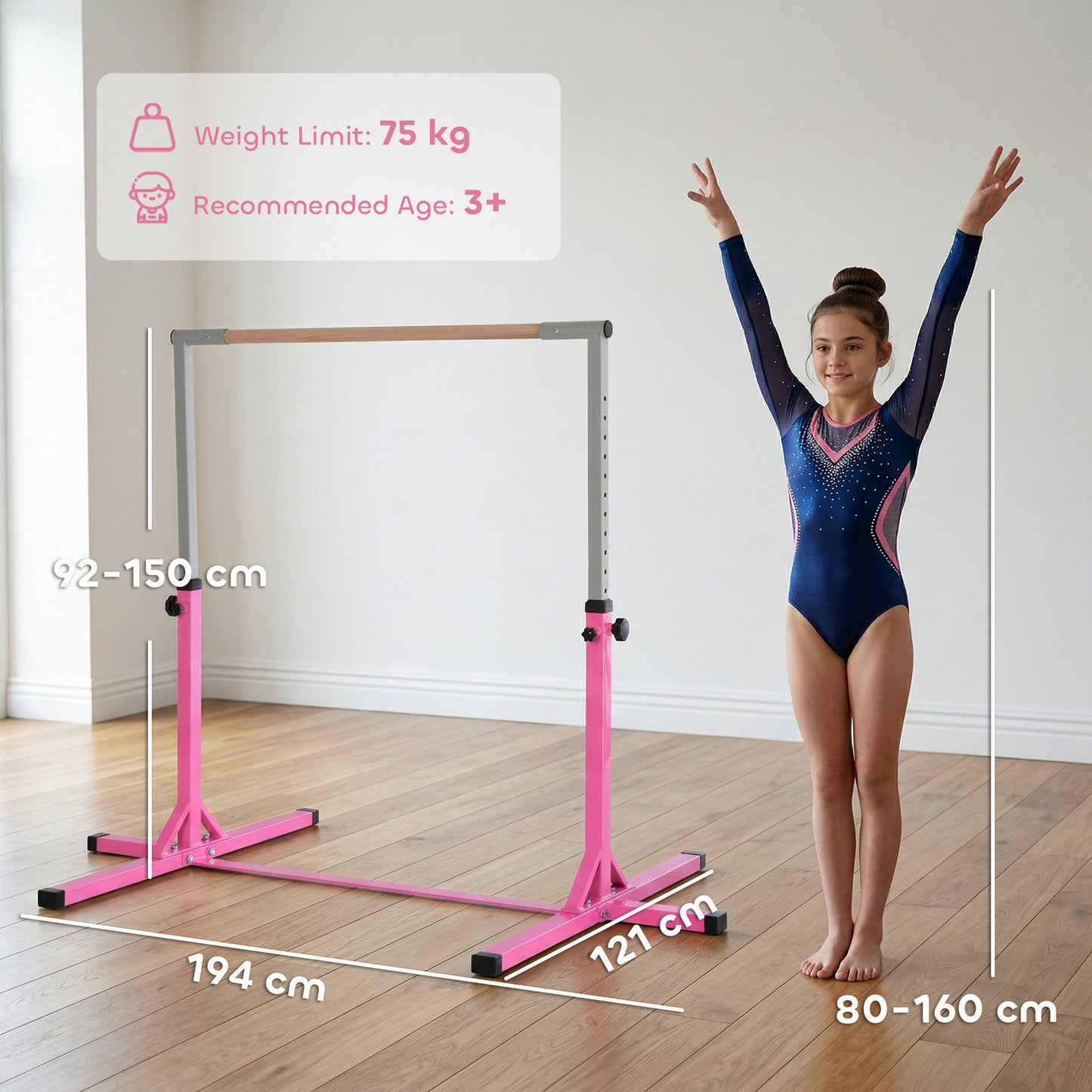HOMCOM Height Adjustable Gymnastics Horizontal Bar for Kids, Children Junior Kip High Bar Fitness, Pink