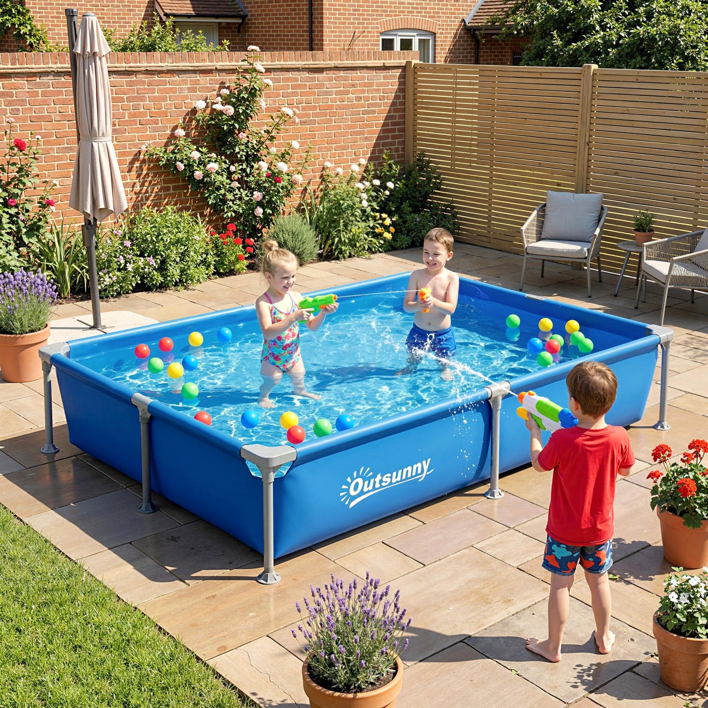 Outsunny Metal Frame Swimming Pool, Rectangular Above Ground Frame Pool with Repair Patch, 229 x 160 x 43 cm, Blue