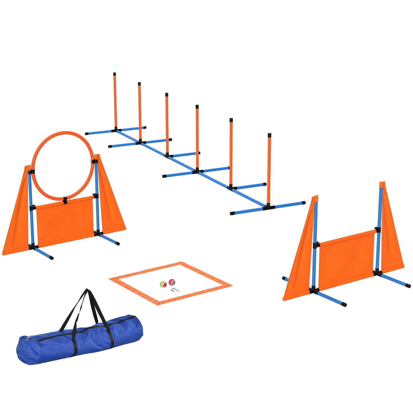 Photo of PawHut 6-Piece Dog Agility Equipment Set with Weave Poles, Jump Ring, Hurdle, Pause Box, Bag, Orange in Orange colour on a white background