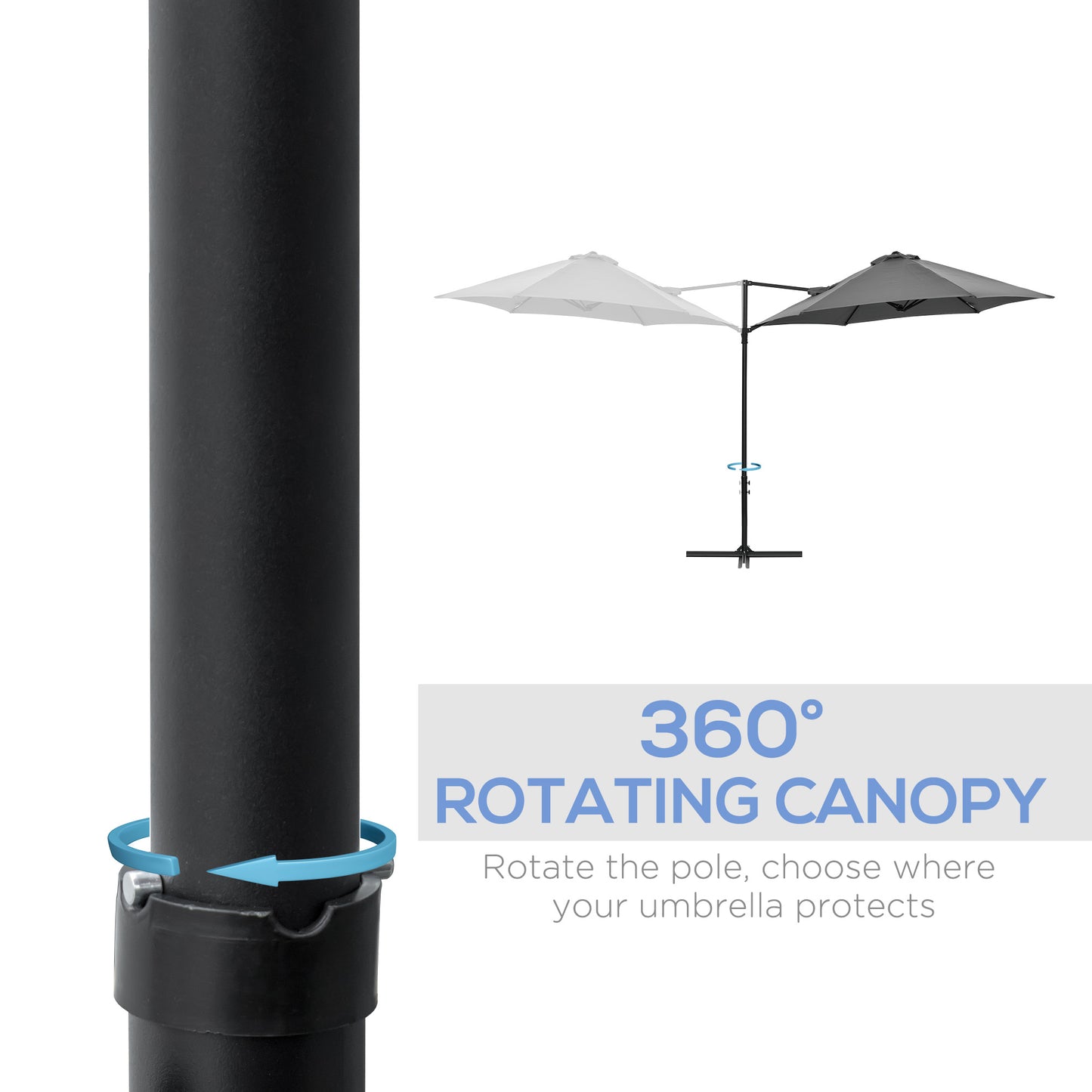 Outsunny 2.5M Garden Cantilever Parasol, Offset Roma Patio Umbrella Hanging Sun Shade Canopy Shelter with 360° Rotation and Cross Base, Dark Grey