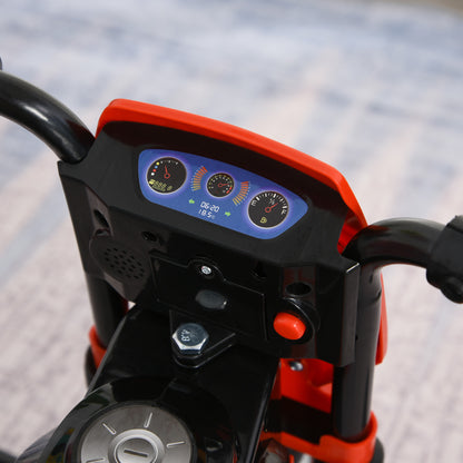 Toddler tricycle handlebar controls with a red button, dashboard graphics and black grips